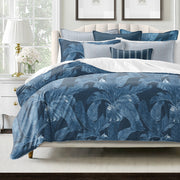 Palomino Denim COMFORTER set with tropical palm fronds on deep denim background - Made in Canada cotton twill bedding